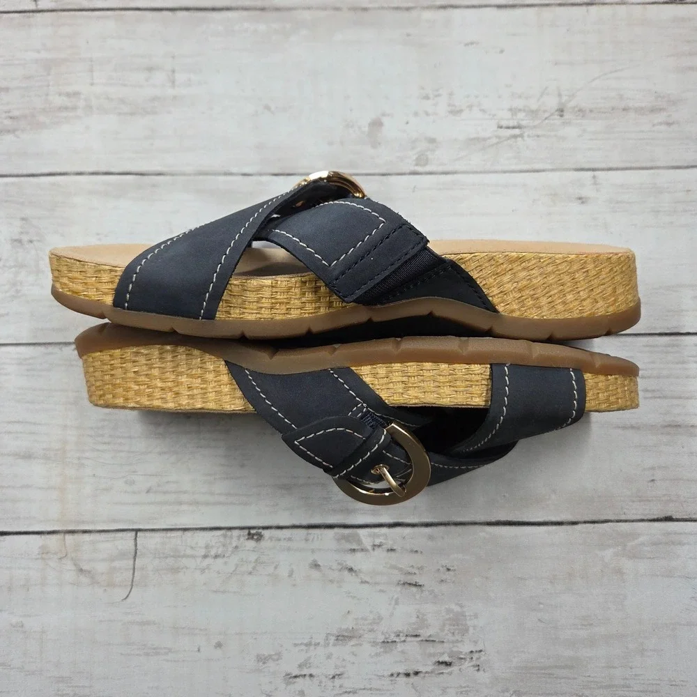 Clarks Reileigh May Comfort Slide Sandal Women 6.5M‎ Navy Blue Wedge Buckle